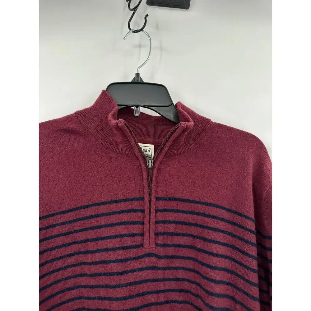 LL Bean Sweater Men Large Burgundy Striped Cotton Cashmere 1/4 Zip Pullover Gorp